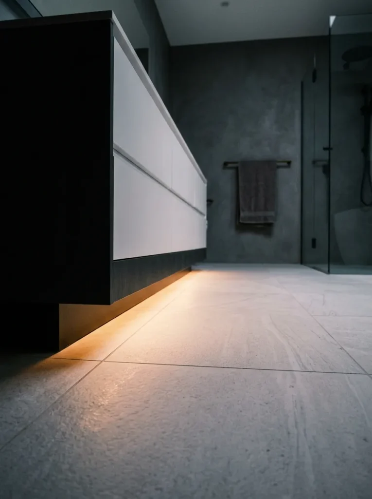 Warm amber LED strip lighting glowing from bathroom vanity toe kick, illuminating white floor tile in a dim bathroom
