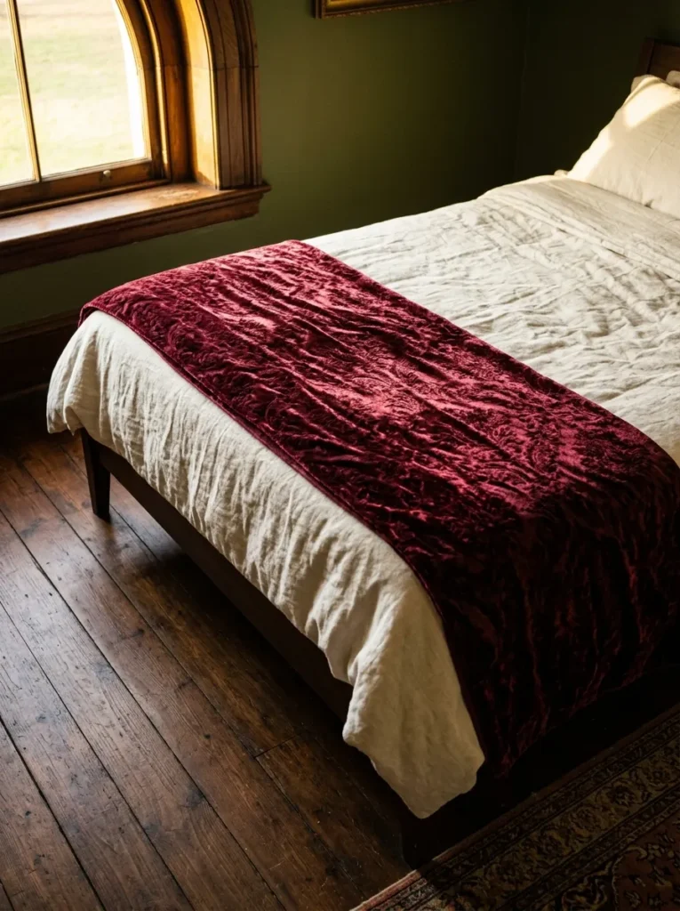  Deep garnet velvet bed runner across the foot of a vintage bed with white linen bedding