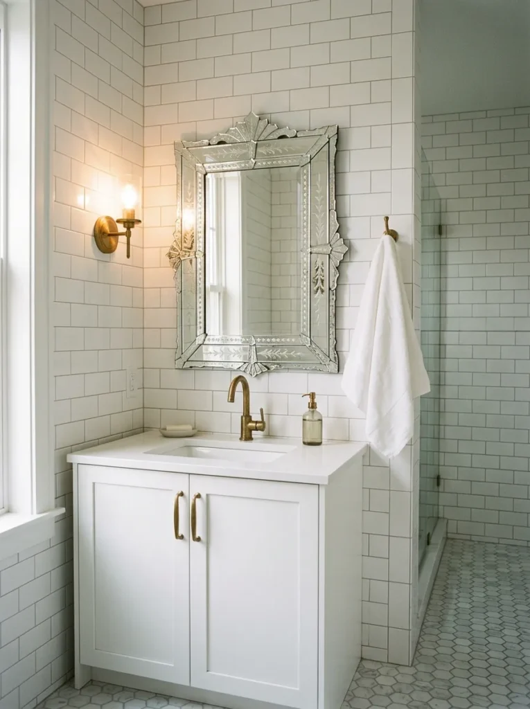 Venetian etched glass mirror with beveled starburst border above a white shaker vanity in a simple subway tile bathroom
