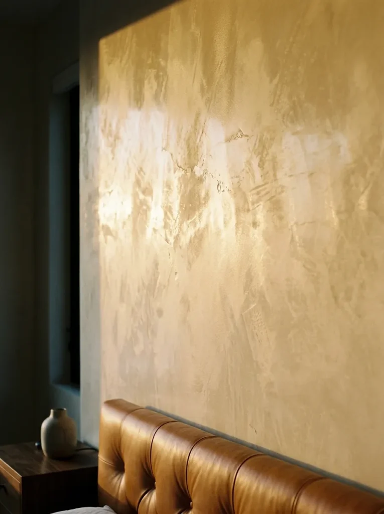 Venetian plaster bedroom accent wall in warm ivory with a burnished surface showing depth and subtle luminosity in directional evening light
