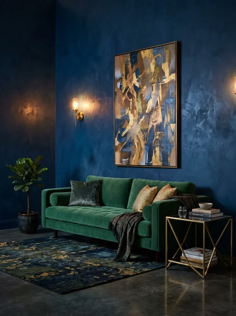 Living room with deep sapphire Venetian plaster walls with a slight reflective sheen
