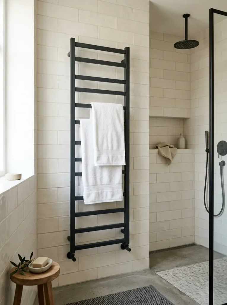 Slim vertical ladder radiator in matte anthracite with two white folded towels on the rails, mounted on a warm white bathroom tile wall