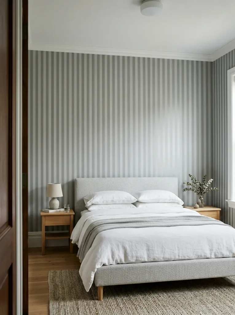 Tone-on-tone vertical stripe wallpaper on a bedroom headboard wall creating an elongating visual effect in a lower-ceilinged room
