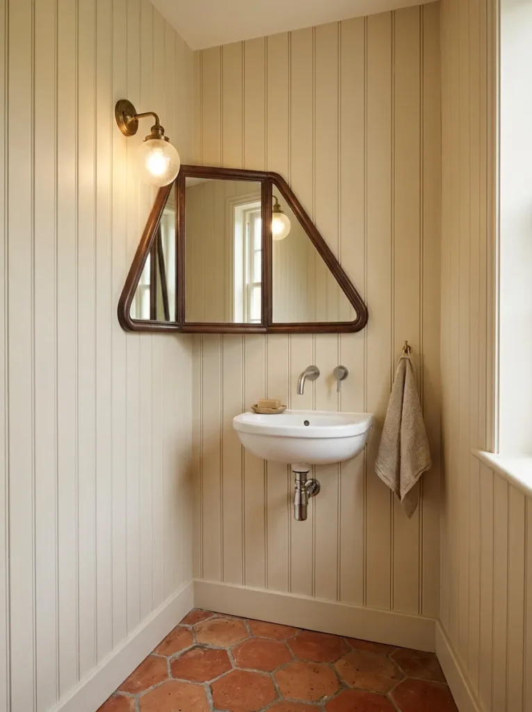 Floor-to-ceiling cream vertical tongue-and-groove paneling in a compact bathroom with terracotta hex floor tiles and round porthole mirror