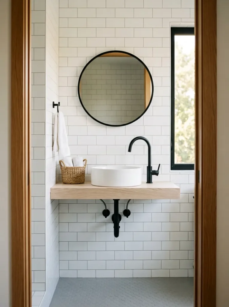 Floating ash shelf with round white vessel sink and exposed matte black plumbing in a minimal bathroom
