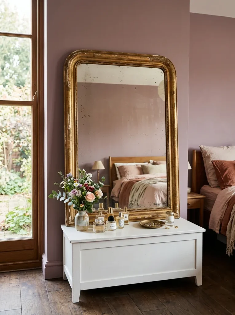Large vintage gilt-frame mirror leaning against the wall above a dresser in a feminine bedroom