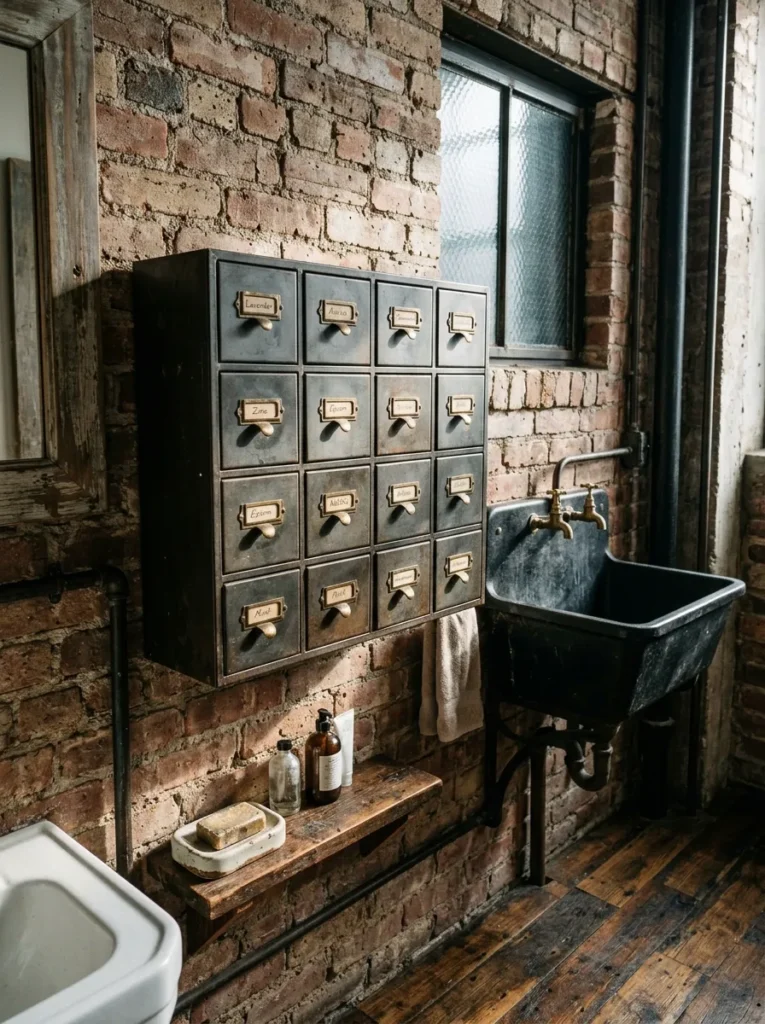 Small vintage apothecary cabinet with many labeled drawers mounted on a bathroom wall