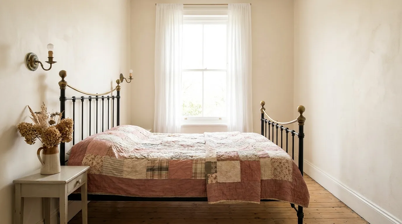 Charming vintage bedroom with an iron bed frame, heirloom quilt, antique sconces, and original floorboards