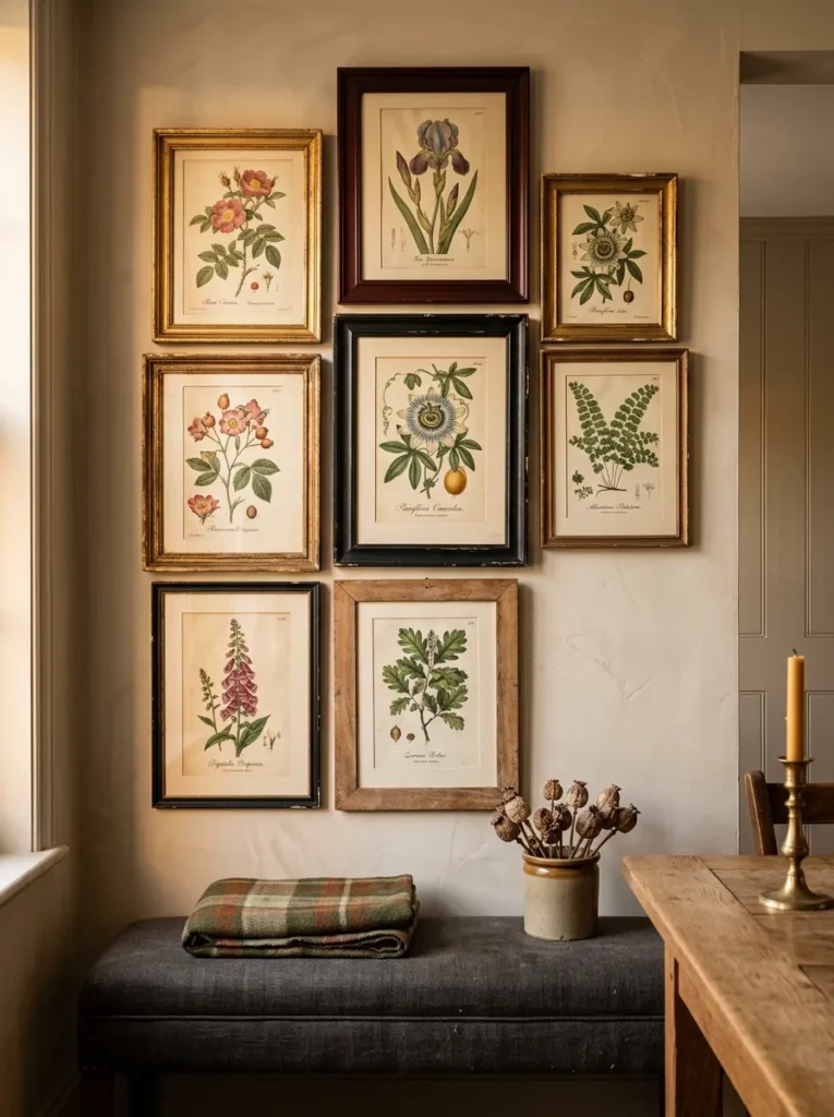 Cluster of vintage botanical illustrations in mismatched period frames on a dining room wall above a dark linen bench
