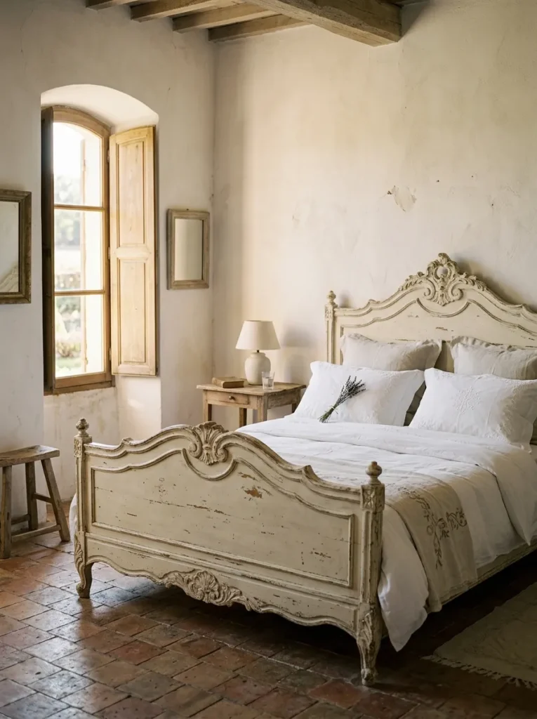 Antique French lit bateau in original chalky ivory paint in a soft feminine bedroom