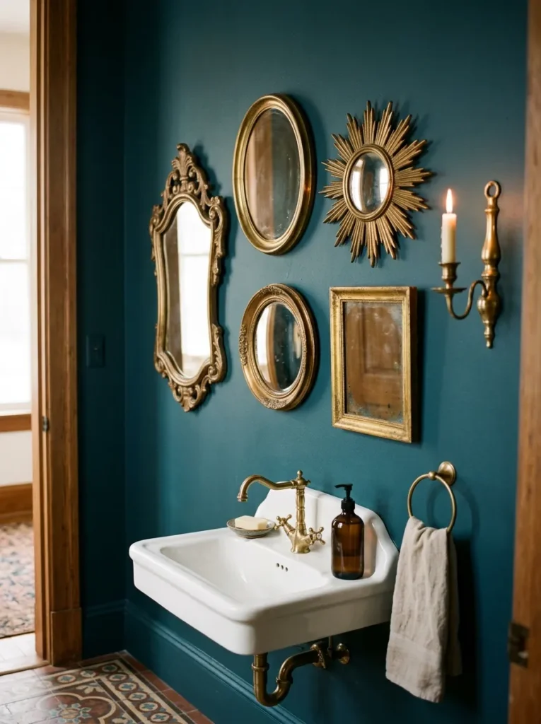 Gallery arrangement of five mismatched vintage brass-toned mirrors in varying shapes on deep petrol blue powder room walls
