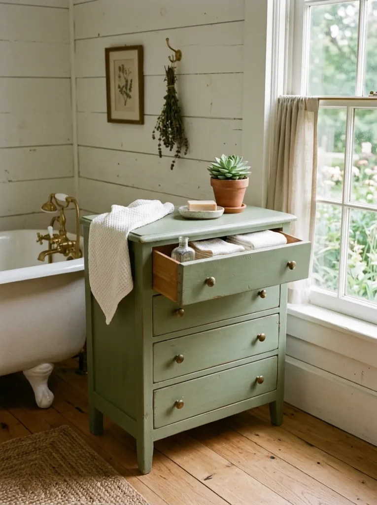 Small sage green painted vintage dresser in a farmhouse bathroom with a top drawer open showing folded washcloths, positioned beside a bathtub under a window
