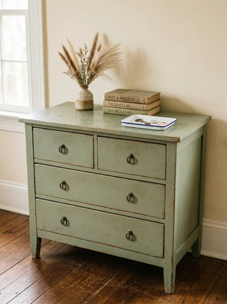 Antique sage green dresser with iron ring pulls, dried pampas stems, and stacked books in a farmhouse bedroom
