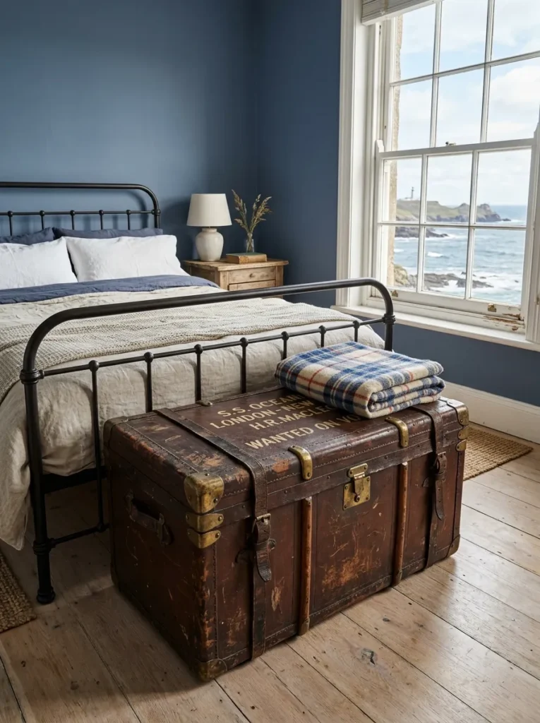  Original leather travel trunk with brass fittings at the foot of the bed in a vintage bedroom