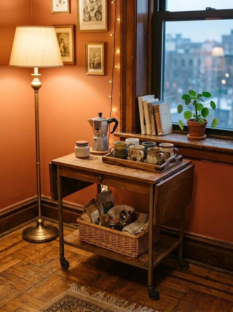  Vintage wooden typewriter cart repurposed as a narrow coffee station with a drop-leaf side 