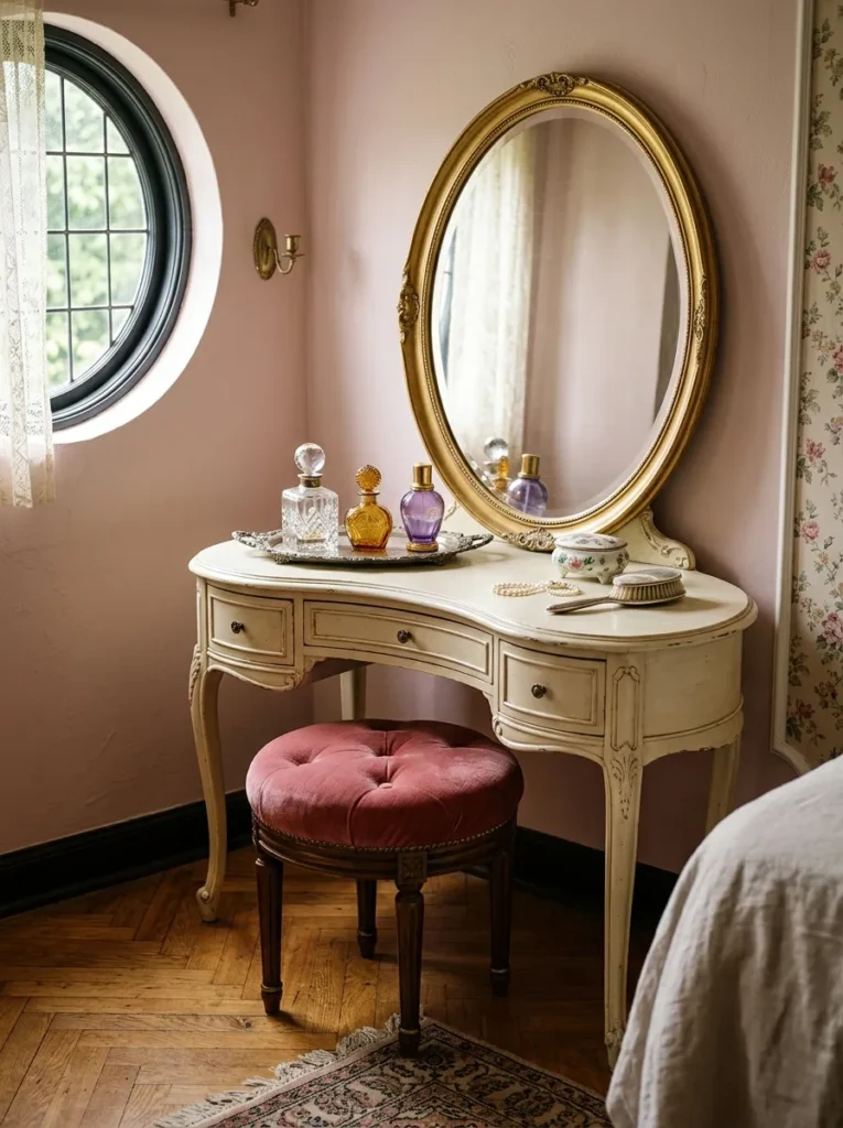  Hollywood Regency-style vintage vanity with an oval mirror and velvet tufted stool in a bedroom corner 