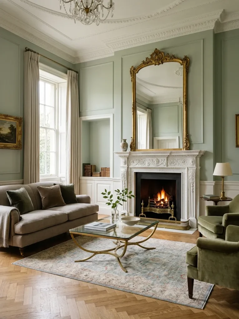  Luxury living room with a clear visual hierarchy from a fireplace focal point to a secondary coffee table