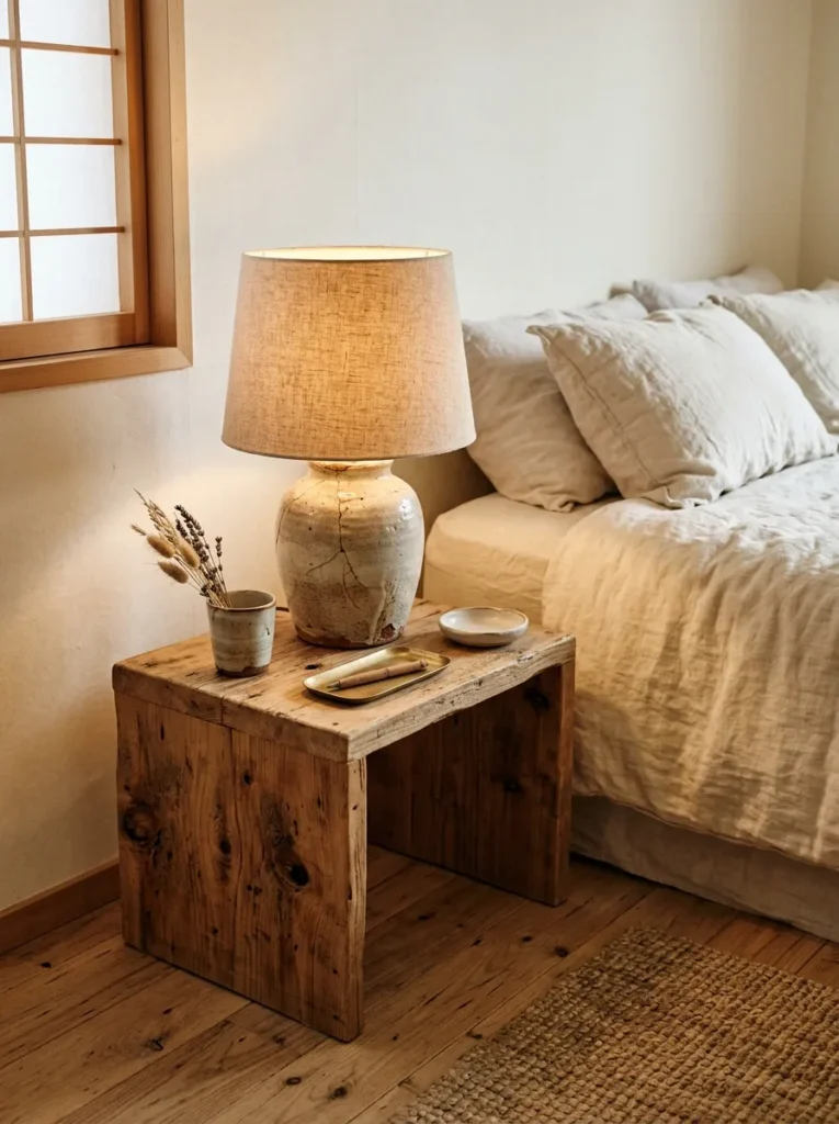 Wabi-sabi bedroom with a cracked clay lamp base, faded linen bedding, and a raw wood nightstand