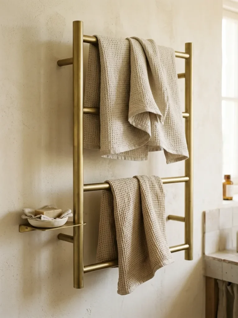 Matte brass heated towel rail holding an undyed waffle linen bath sheet and oatmeal waffle hand towel against cream plaster wall