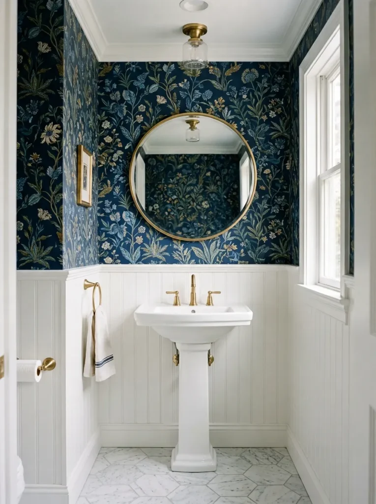 Powder room with white wainscoting on the lower third and rich navy botanical wallpaper above the chair rail, with a white pedestal sink and gold mirror
