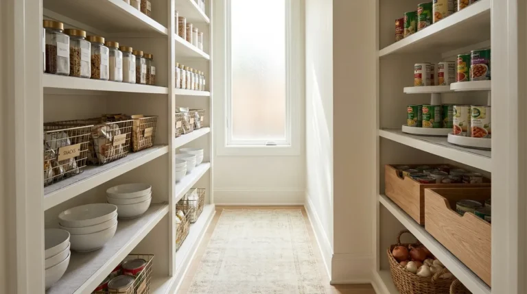 Walk-in pantry with floor-to-ceiling white shelves, matching glass canisters, labeled wire baskets, and pull-out drawer organizers