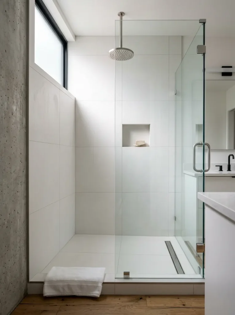 Walk-in rain shower with frameless glass, ceiling-mounted showerhead, and a lit recessed niche