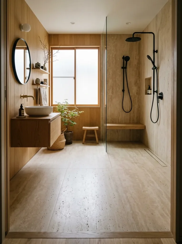 Curbless shower floor sloping toward a hidden drain in a Kyoto Japandi-style bathroom.