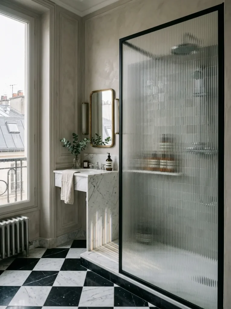 Fluted reeded glass shower screen distorting the view in soft bands in a Haussmannian Paris bathroom.