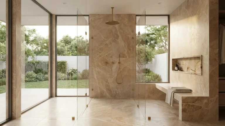 Frameless glass shower enclosure with a ceiling-flush rain head in a bright Scandinavian bathroom in Copenhagen.