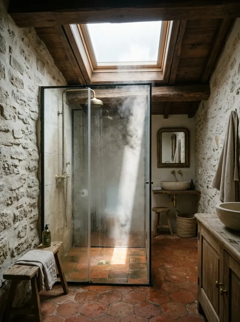Frosted skylight positioned directly above a shower enclosure in a Marseille Provençal-style bathroom.