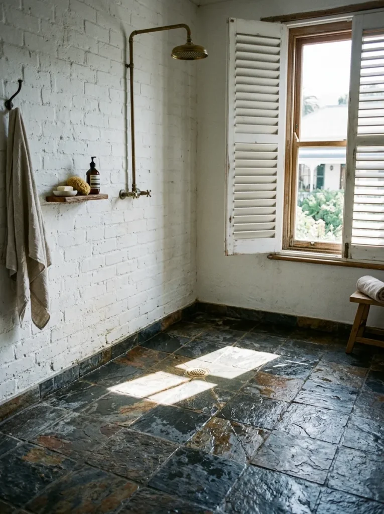 Honed slate flooring with natural variation across a shower floor in a Cape Town colonial-style bathroom.