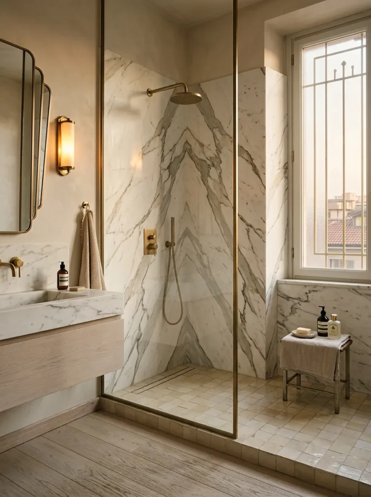 Continuous large-format honed Calacatta marble slabs lining shower walls in a Milan Art Deco bathroom.