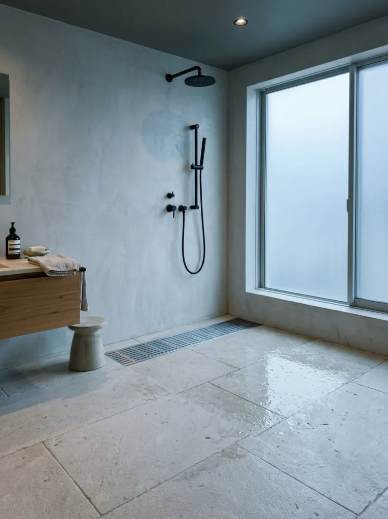Linear drain running along one wall beneath porcelain tile in a Tokyo minimalist bathroom.