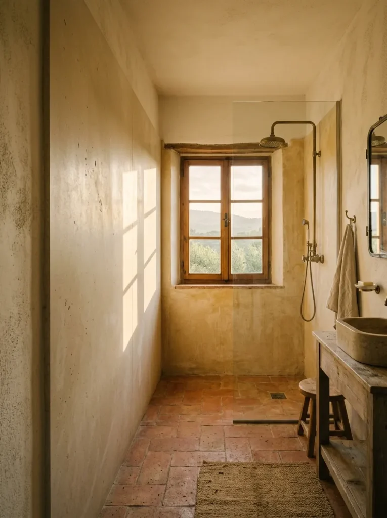 Plain honed limestone shower wall left free of hardware in a Tuscan farmhouse bathroom.
