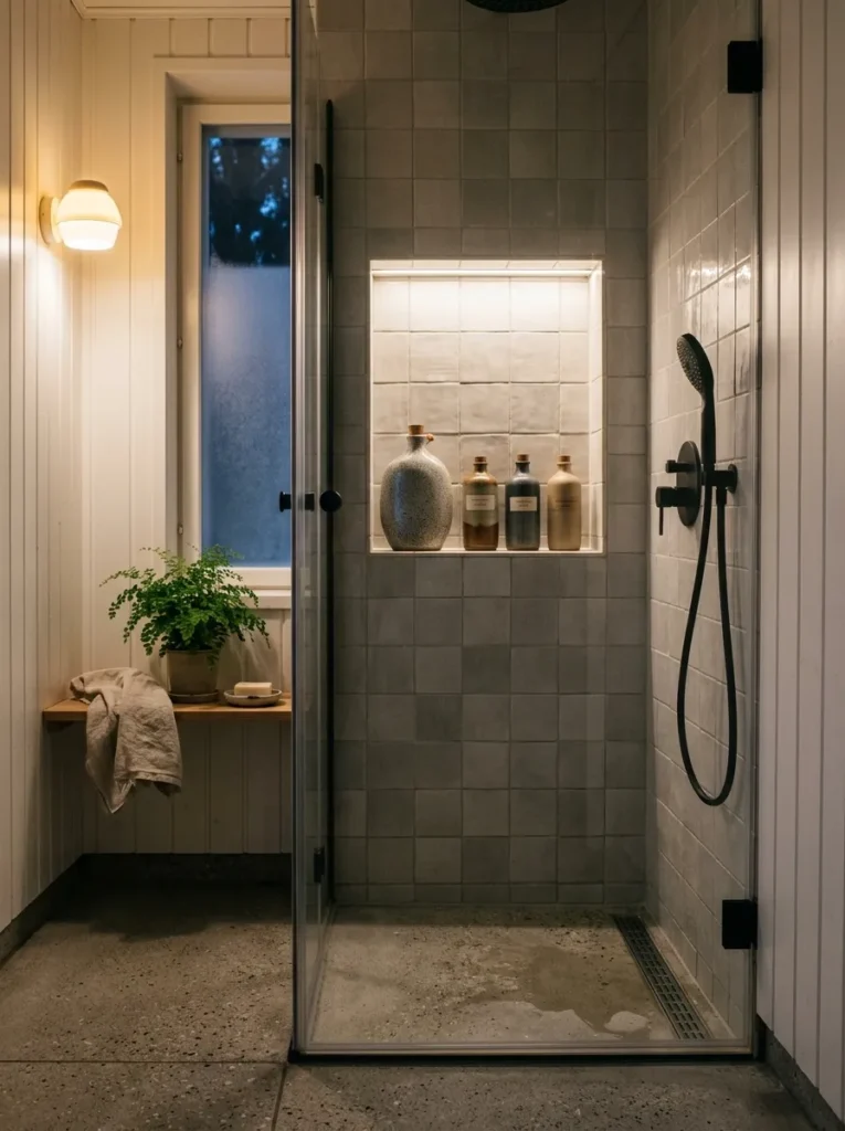 Tiled recessed niche holding stoneware bottles inside a Helsinki Nordic functionalist shower wall.