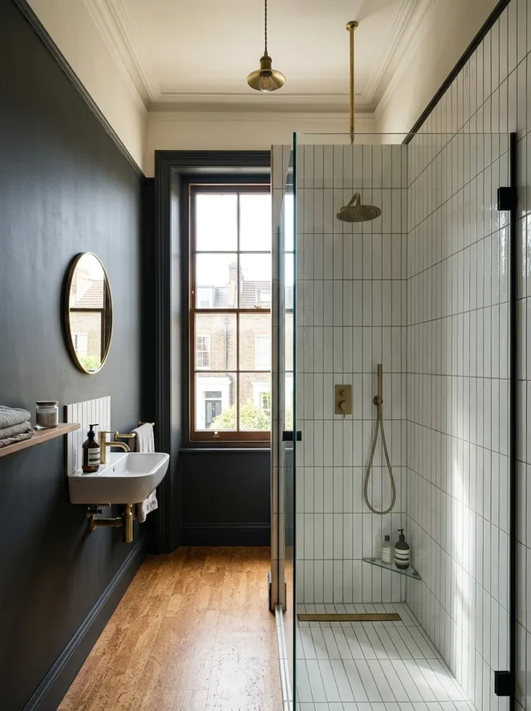 Narrow porcelain tile installed vertically from floor to ceiling in a Georgian townhouse bathroom shower.