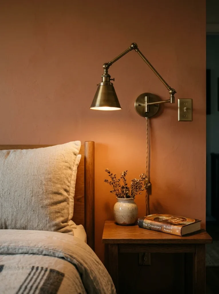 Brass swing-arm wall sconce at bedside height with a clear nightstand surface below, just a ceramic object and book

