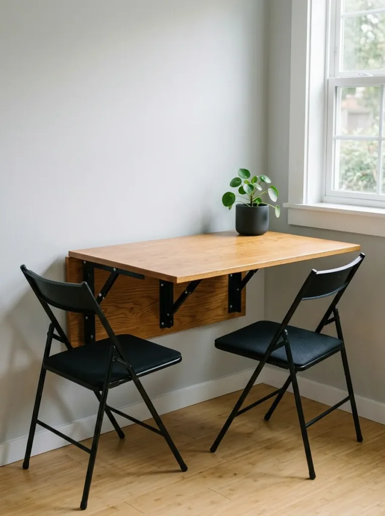 Wall-mounted drop-leaf dining table extended with two chairs in a compact studio apartment