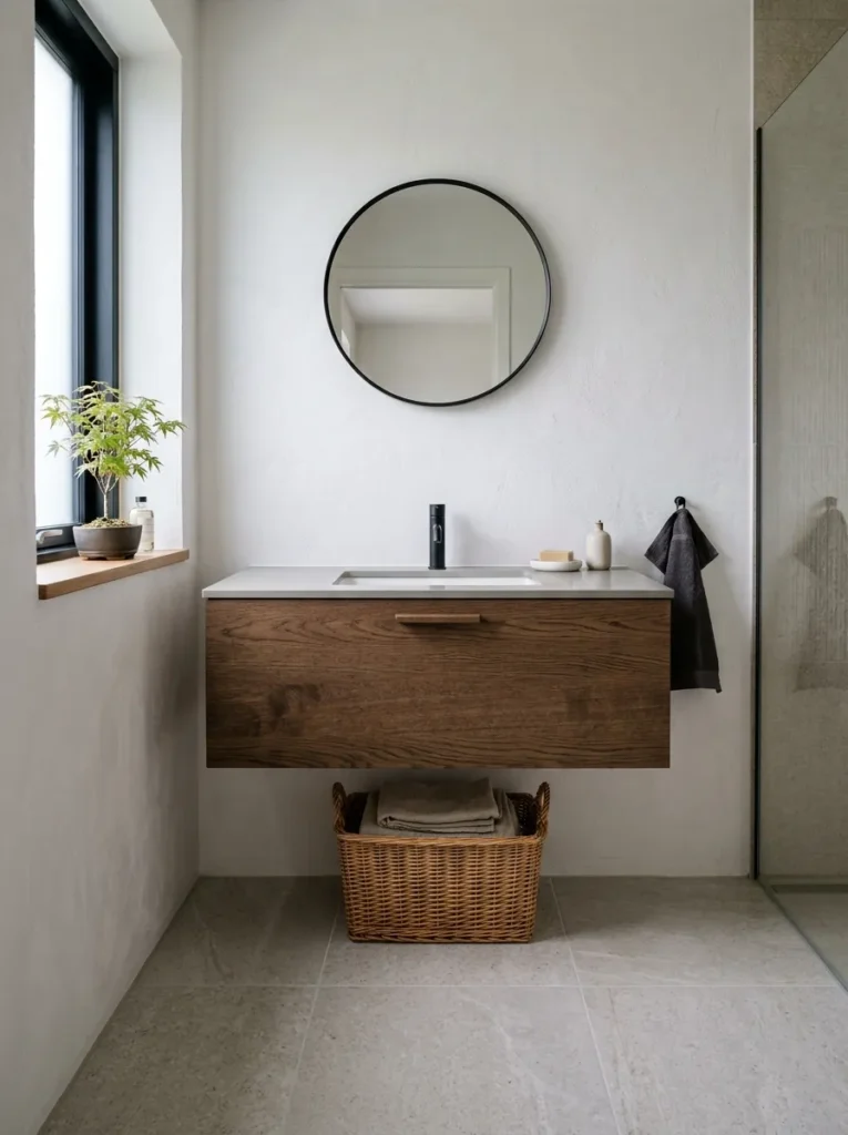 Floating wall-mounted bathroom vanity with clear floor space below for a storage basket