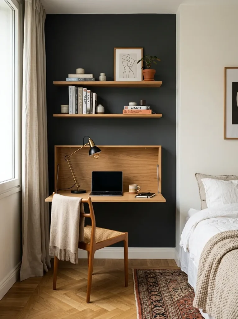 Wall-mounted fold-down oak desk in the lowered position with a slim chair and task lamp, positioned in a bedroom corner with charcoal accent wall behind it
