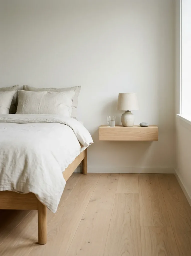 Wall-mounted pale oak bedside shelf with ceramic lamp, glass, and one small object, floor beneath completely clear beside a pale wall