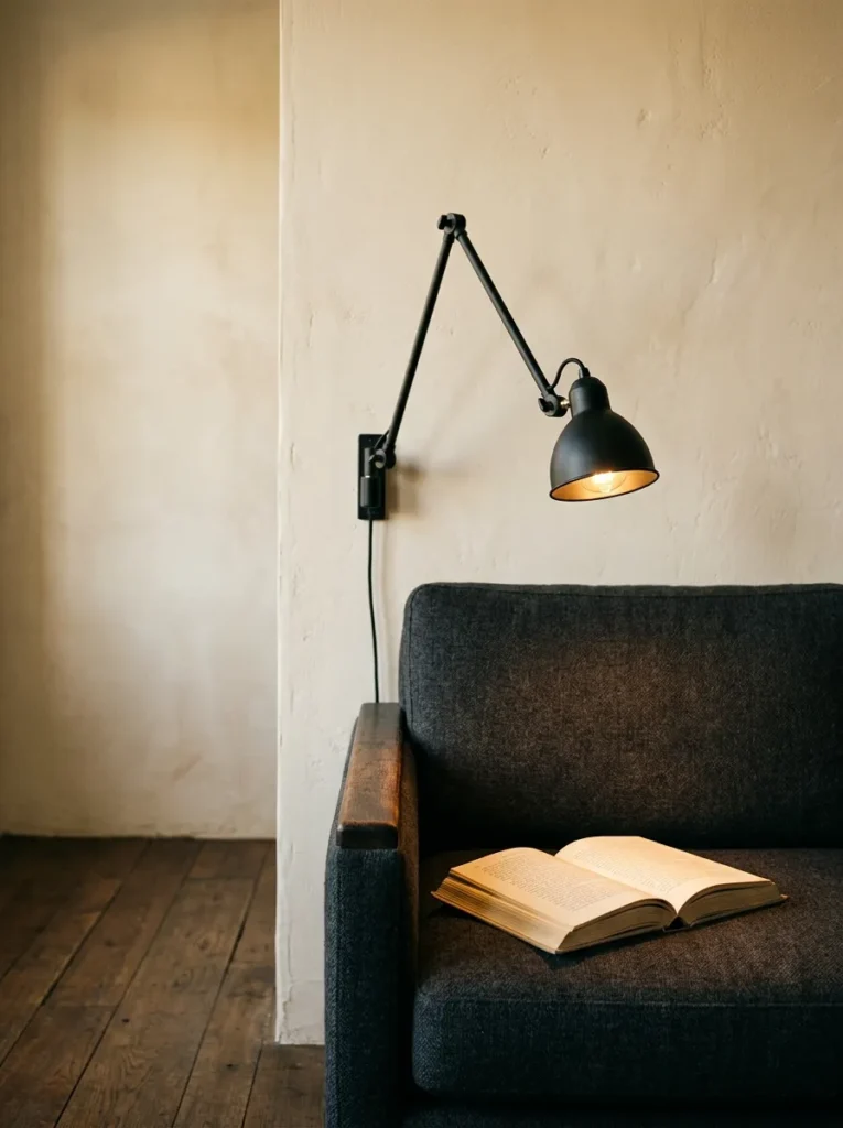 Matte black swing-arm wall sconce above a sofa arm in a small apartment, directing warm light downward with the floor clear below