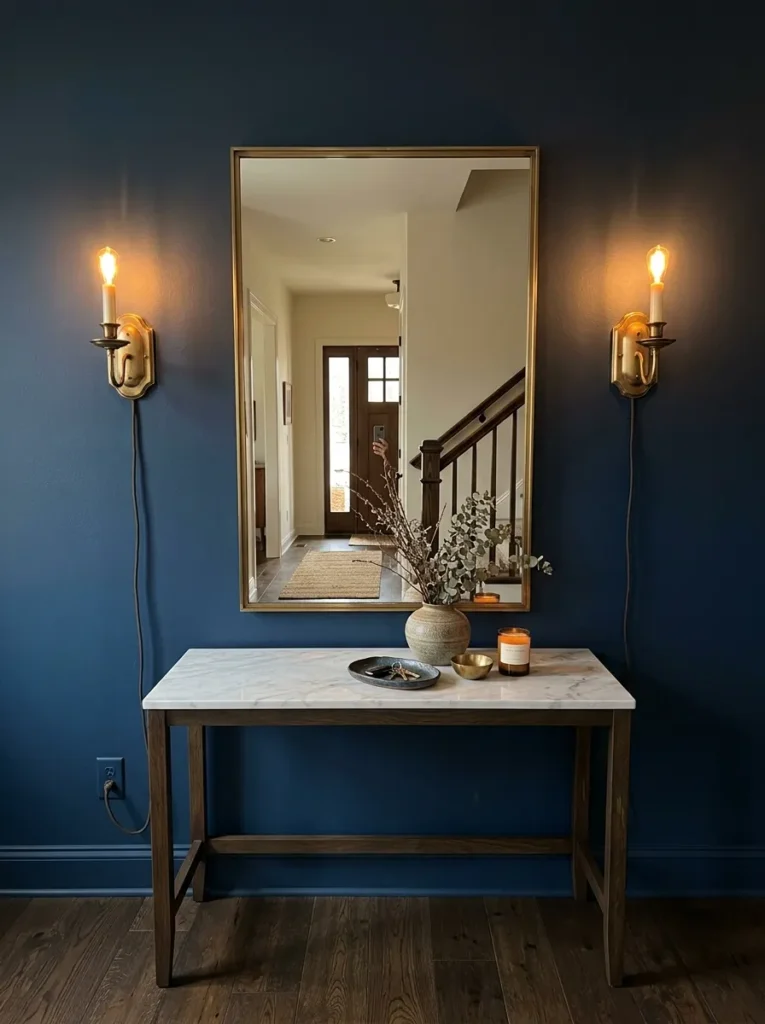 Two aged brass wall sconces flanking a large mirror above a marble console table on a deep navy entry wall
