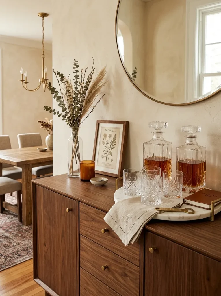 Walnut buffet cabinet with a bar station on the right half featuring decanters and glasses on a marble tray, and a decorative vase and frame on the left half
