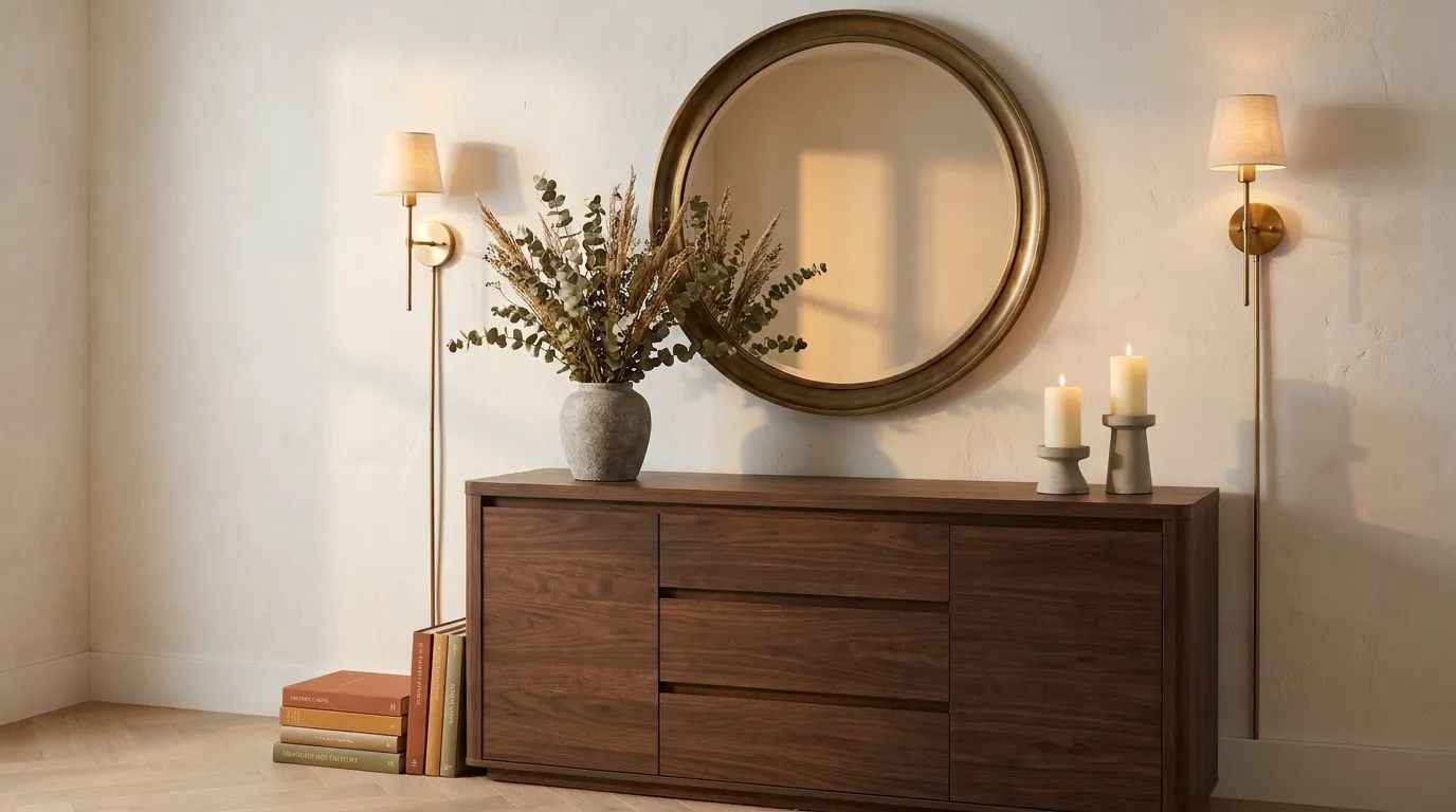 Walnut buffet cabinet styled with a brass-framed mirror above, a tall dried botanical arrangement, pillar candles, and stacked art books in a warm dining room