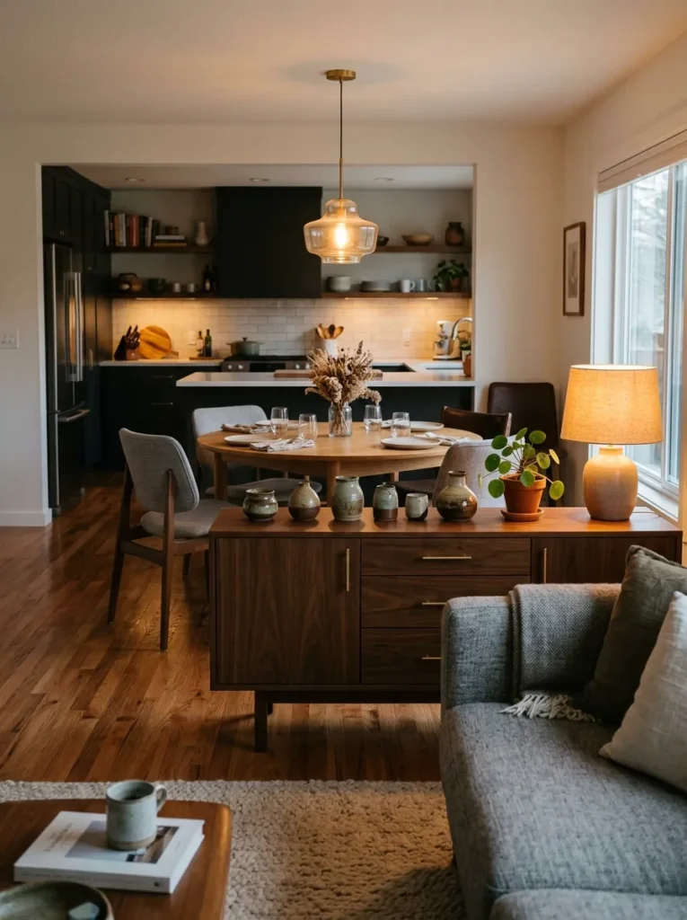 Low walnut sideboard positioned at the edge of an open plan dining zone, with ceramic vessels and a lamp on top, dining table beyond