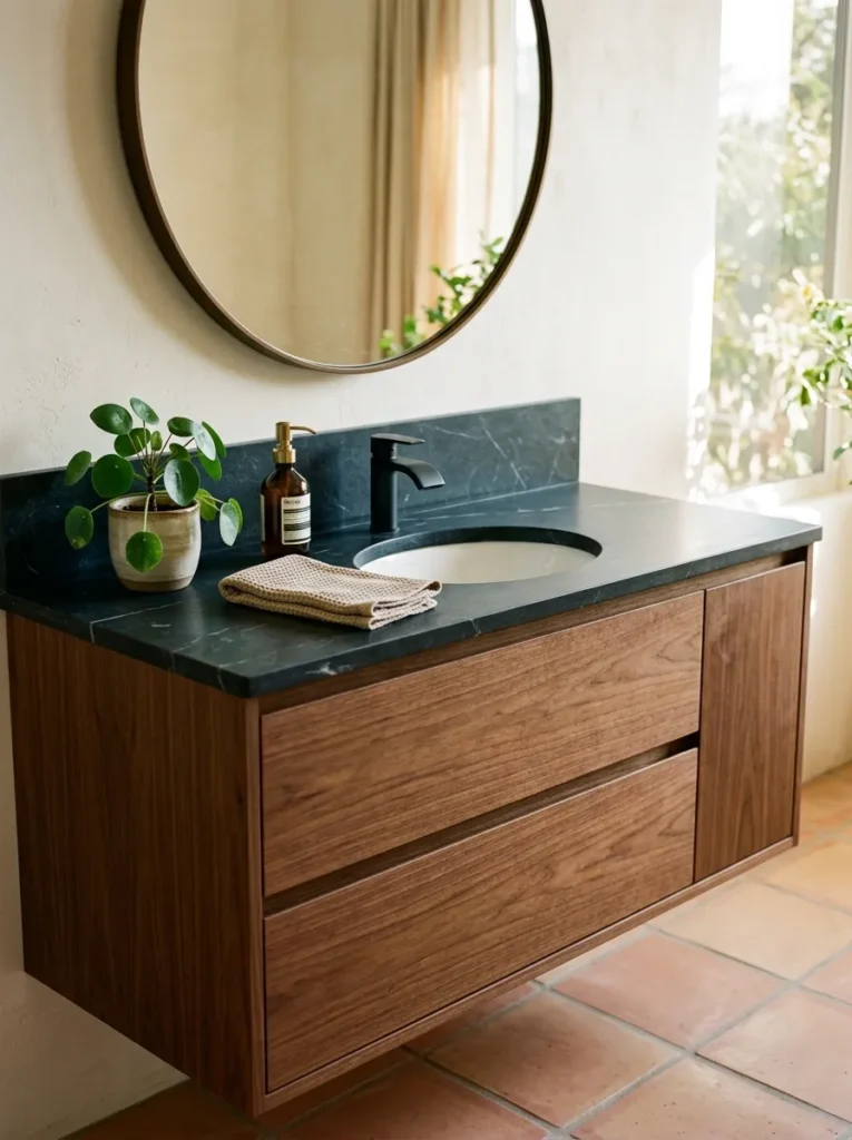 Warm walnut vanity with flat-front drawers, oval undermount basin, and matte black waterfall faucet

