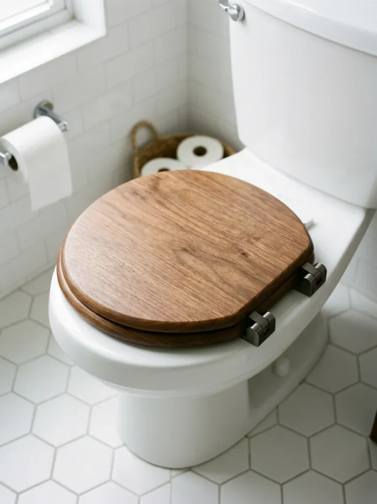 Warm walnut wooden slow-close toilet seat on a white toilet, viewed from above on a white tile floor