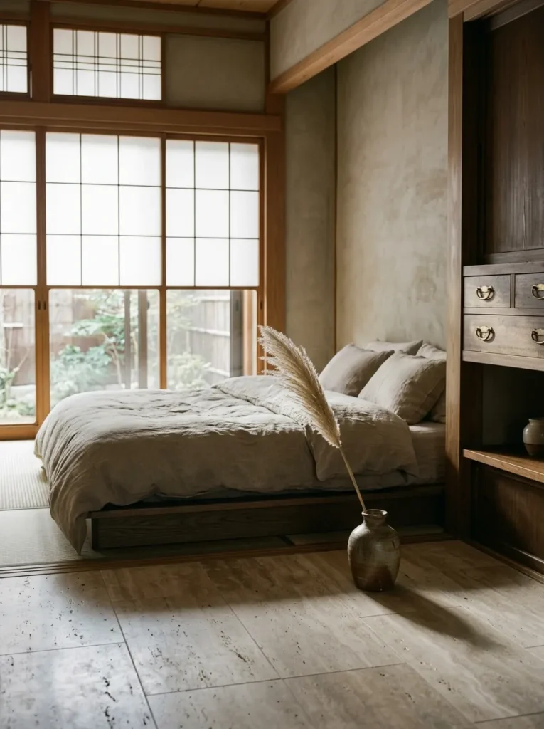 Aged unlacquered brass drawer pulls on a smoked oak bed frame in a warm Japandi bedroom.