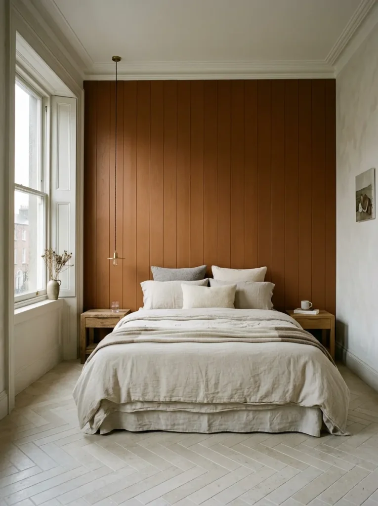 Cognac-stained shiplap wood panelling behind a king-size linen bed in a Georgian townhouse bedroom.